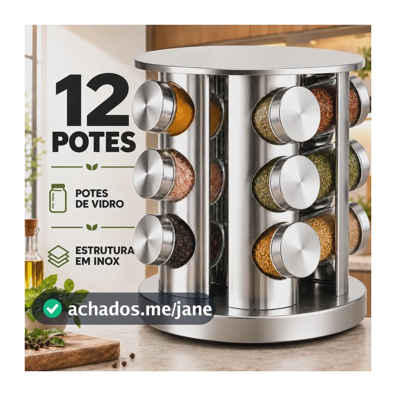Porta-Temperos Giratório de Aço Inoxidável com 12 Potes de Vidro