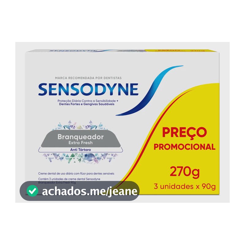 Creme Dental Sensodyne Branqueador para Dentes Sensíveis Extra Fresh, Anti Tártaro, Proteção Diária, Leve 3 Unidades e Pague 2, 90g Cada