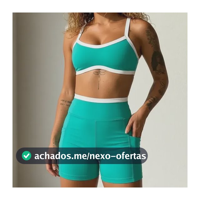 Conjunto Fitness Feminino Top Duplo Shorts Bolso Cós Alto Uv Verde Jade Liso P
