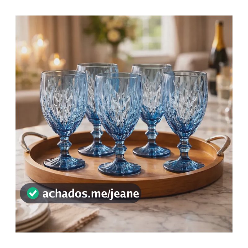 Jogo 6 Taças De Vidro Cristal Copo Diamond Luxo Elegante Azul