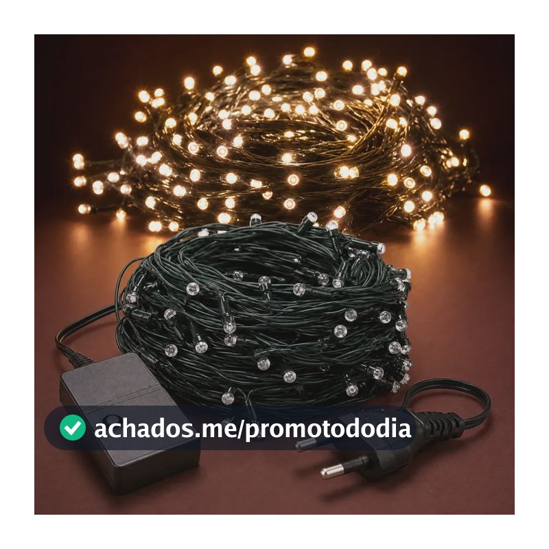 Cordão 200 Leds Pisca 20 Metros 8 Funções V8 Natal Fio Verde Branco Quente 220v