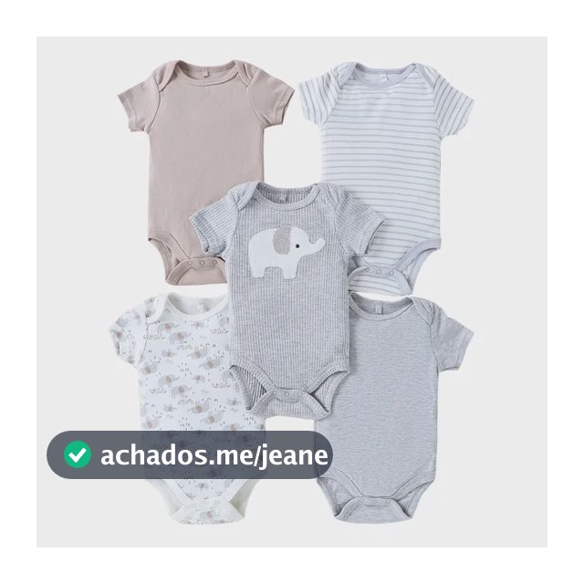 Kit 5 Bodies Bebê Algodão Manga Curta Cinza 6m