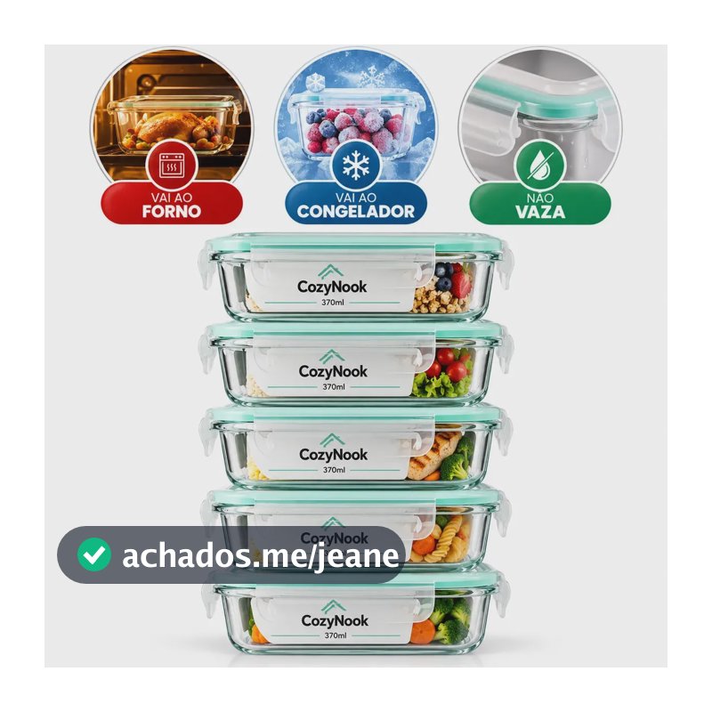 Kit Com 5 Potes De Vidro Borossilicato Para Marmita Tampa Hermética 370ml Livre de BPA - Cozynook