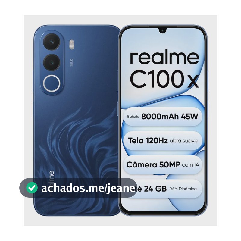 Celular Smartphone Realme C100x 256gb 8gb Ram (+16gb ram Virtual Boost), Bateria Titan 8000mah 45w, Tela Ultra Suave 120hz, Campeão em Fluidez, Câmera 50 Mp, IP64,NEXT AI, Azul