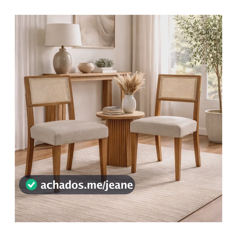 Kit 2 Cadeira Madeira Maciça Rattan Estofada Jantar Moderna Liso Madeira Bege
