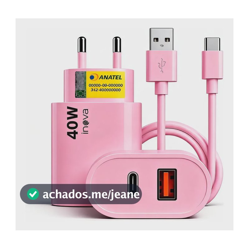 Carregador Inova 40w Turbo Usb-a + Usb-c 1m Car-3165c Flex Rosa