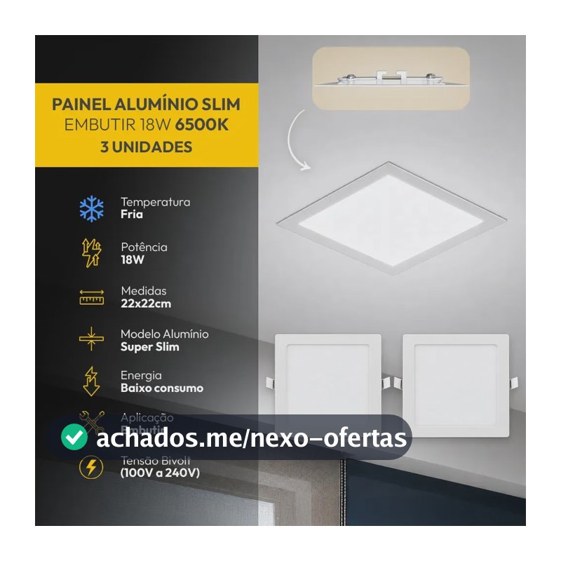 Kit 3 Painel Led Plafon Aluminio Embutir Quadrado 6500K Branco Frio 18w 22x22Cm