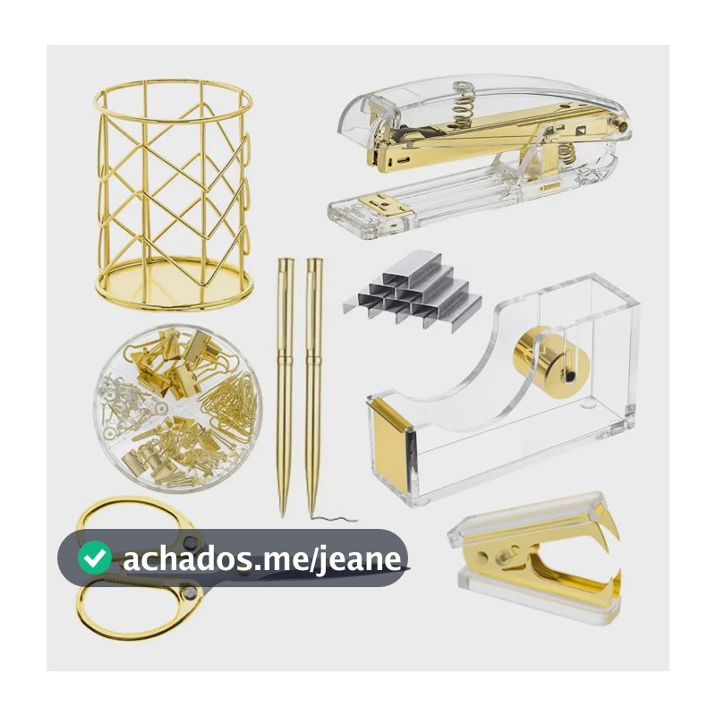 Kit Escritório Completo de Acrílico Dourado com 8 Peças para Mesa