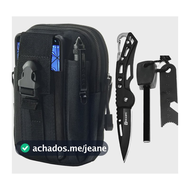 Pederneira Magnésio + Mini Faca Dobrável + Pochete Tático Black