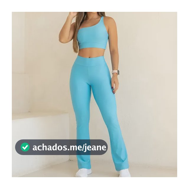 Conjunto Fitness Calça Flare Cós Alto Top Um Ombro Só Treino Azul-claro Liso P