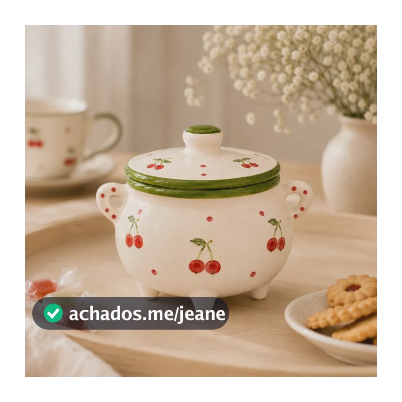 Pote Biscoito Com Alça Cerâmica Artesanal Caldeirão Cozinha Cereja