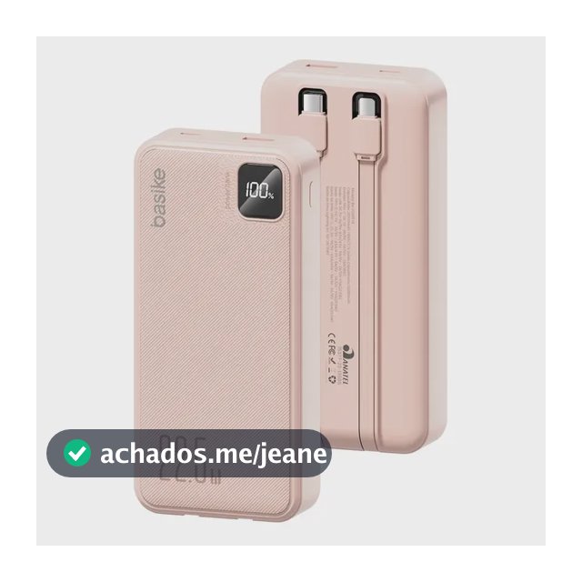 Power Bank Basike 20000mAh Rosa, Carga Rápida 22.5W para iPhone e Samsung, Com Cabos Embutidos e Display