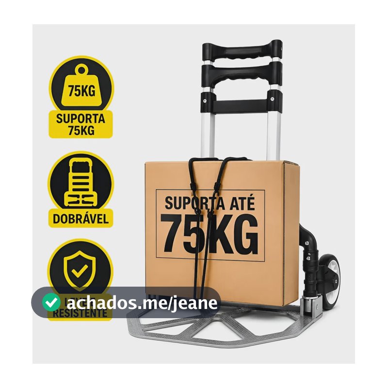 Carrinho Mão Dobrável Transporte Carga 75kg Alumínio Cor Preto Preto