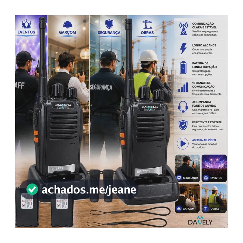 Kit 2 Rádios Comunicadores Walkie Talkie Profissional Eventos HT UHF Radinho walk talk - Com Fone Microfone e Acessórios Comunicação Segura Longo distancia Segurança Garçom Portátil Antena PTT Davely