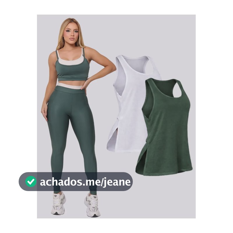 Conjunto Bicolor Blackout Legging C/ Bolso E Top + Regata Verde Militar G