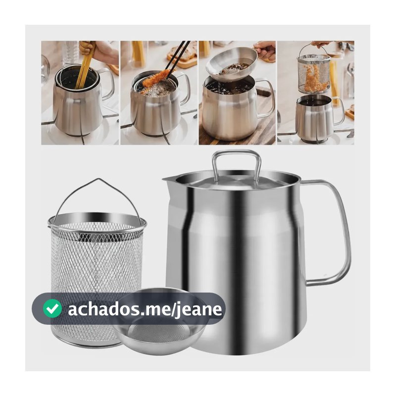 Panela Fritadeira 2l Inox 304 Cesta E Coador Filtro Óleo Prata