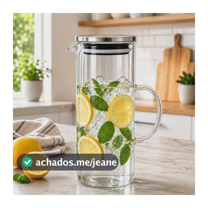 Jarra De Vidro Borossilicato 1,1l Com Tampa Inox Hermética Transparente