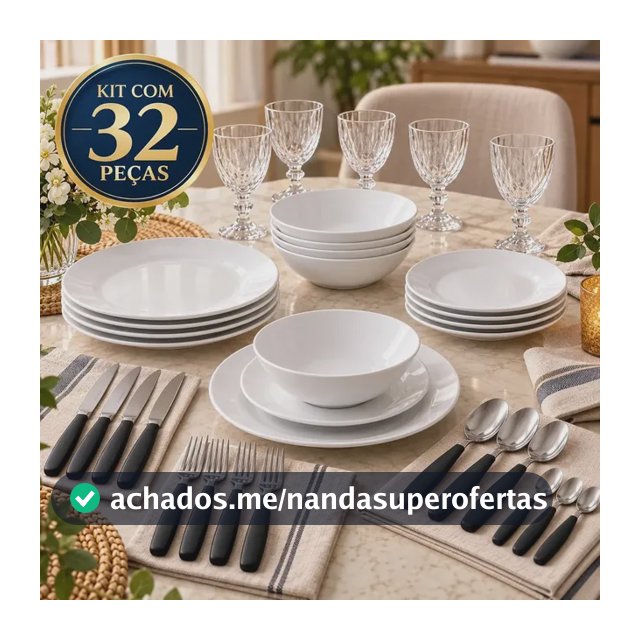 Aparelho de Jantar SóLar Completo para 4 Pessoas com 32 Peças de Vidro, Pratos, Tigelas, Taças e Faqueiro