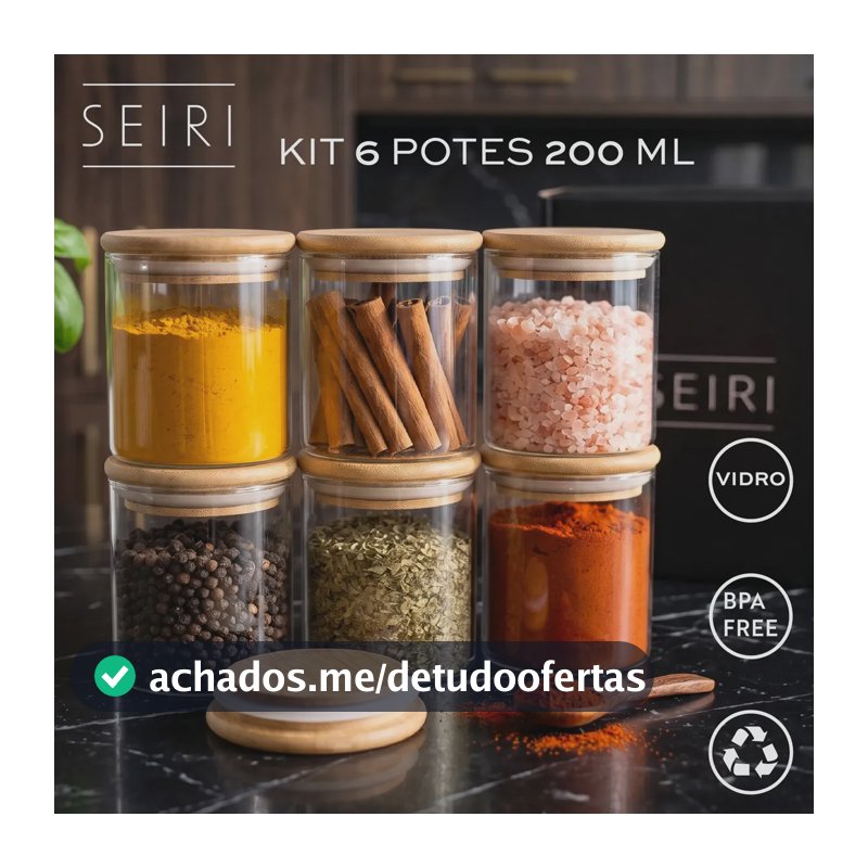 Kit 6 Potes Porta Temperos Vidro Borossilicato Hermético Tampa Bambu Organizador Cozinha 200 ml Seiri