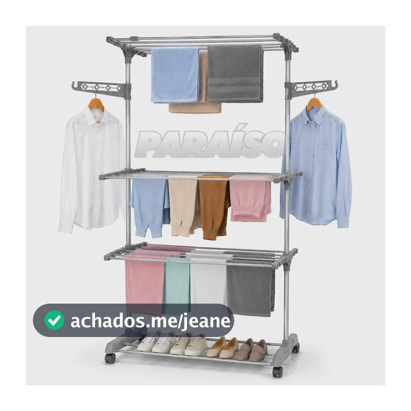 Varal de Chão Paraíso Dobrável com 3 Andares e Rodinhas para Roupas
