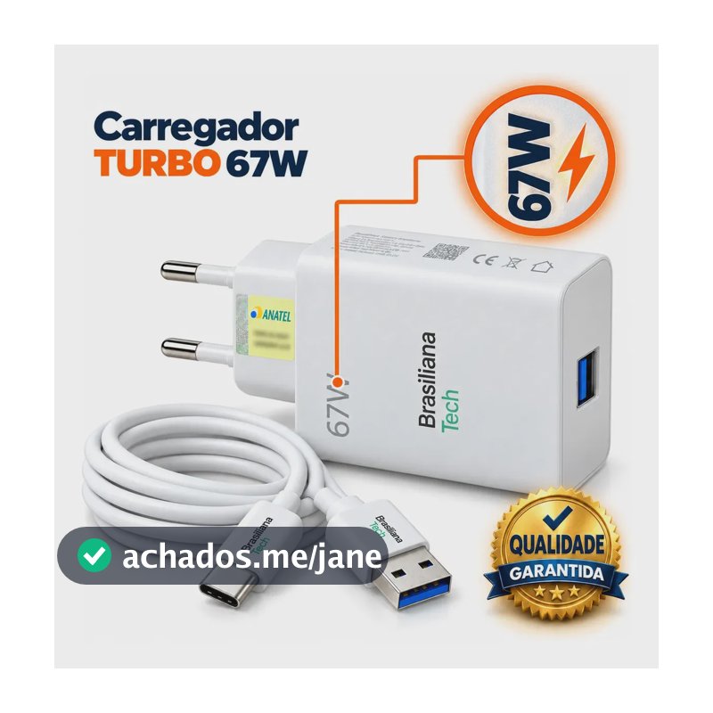 Carregador Turbo 67W Tipo C com Cabo 1m Fonte de Parede Carregamento Rápido Adaptador Tomada Compatível com Xiaomi Redmi Note 7 8 9 10 11 12 Pro Poco X3 Pro M3 Mi 8 9 10 A2 A3 Brasiliana Tech