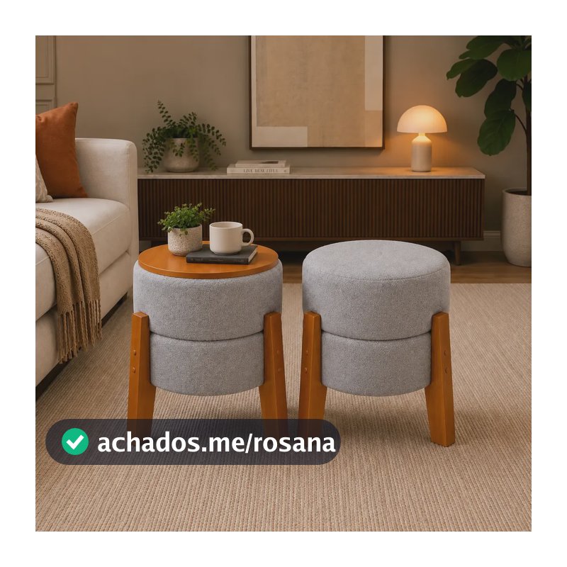 Puff Mesa Porta Copos Tecido Bouclê 45x38cm Estofado Redondo Cinza Mesa