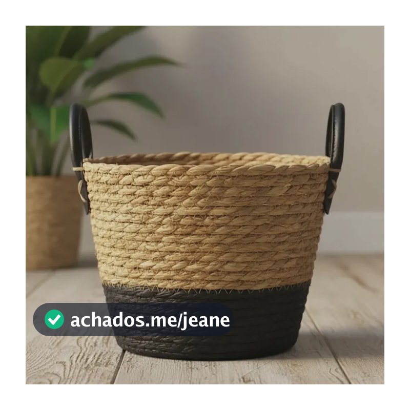 Cesto Rústico Fibra Natural Decoração Mantas Toalhas Plantas Cesto 24x24x18cm - Palha E Preto