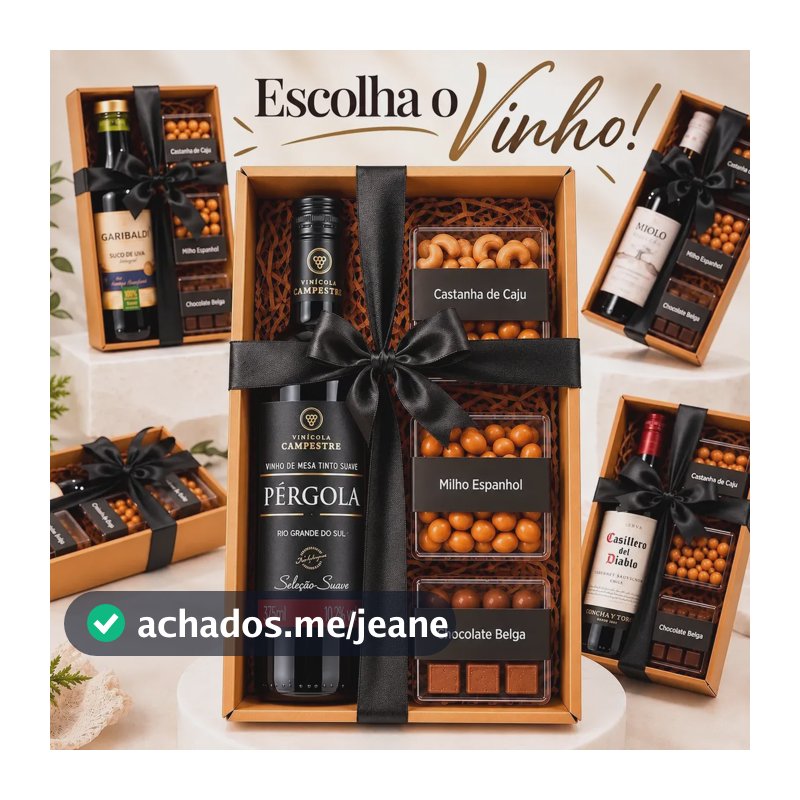 Cesta Kit Presente Vinho Com Aperitivos. Escolha O Vinho! Suave Seleção Tinto Pergola