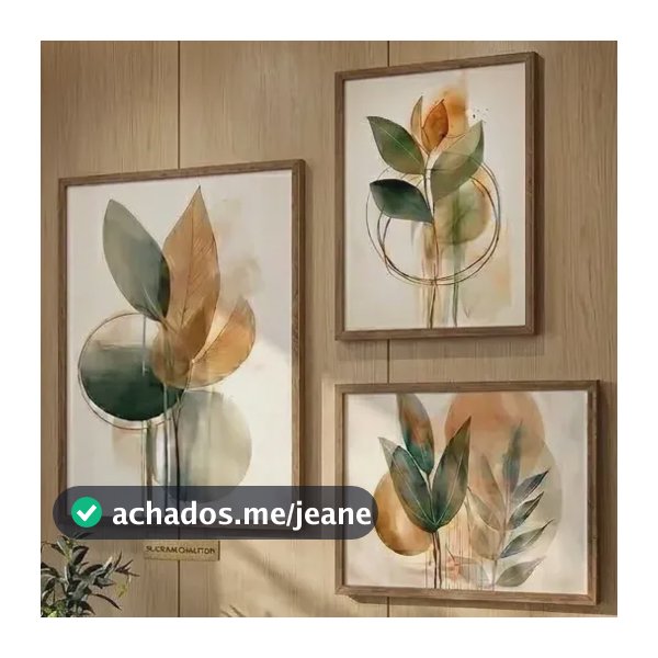 Kit 3 Quadros Decorativos Modernos Folhas Verdes Com Moldura