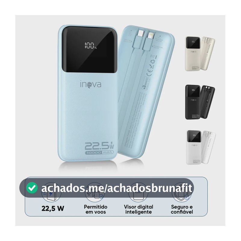Carregador Portátil Inova Power Bank 10000mAh para iPhone e Samsung Com Carregamento Rápido de 22.5W