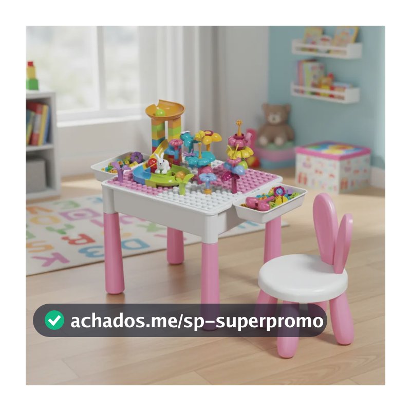 Mesa de Atividades Infantil 2 em 1 com Cadeira Orelhinha para Blocos de Montar e Desenhar Rosa