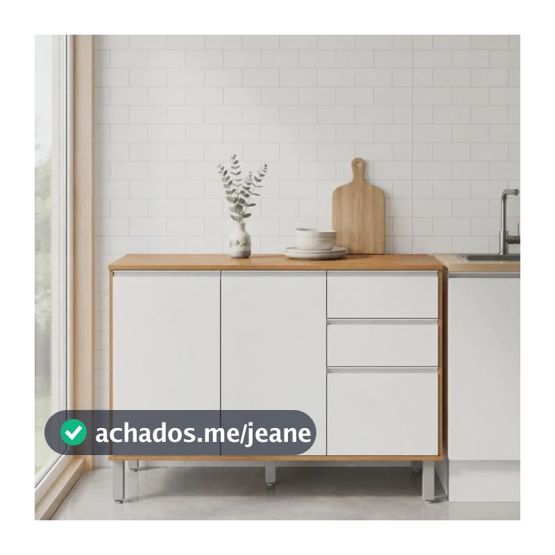 Balcão de Cozinha Nina de 119cm com 3 Portas e 2 Gavetas Amêndoa e Branco