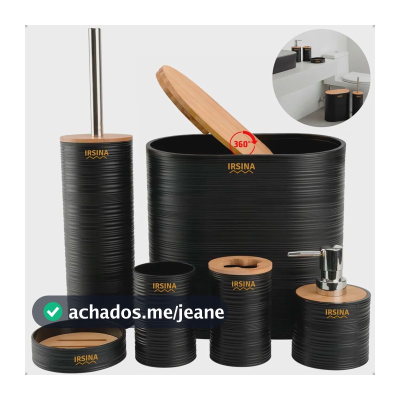 Kit Banheiro Completo Acessórios De Bambu Moderno Lixeira Com Tampa Escova Saboneteira Cor Preto Irsina