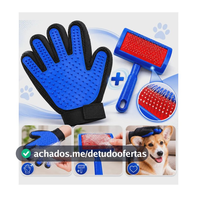 Kit Escova Rasqueadeira Pet + Luva Removedora de Pelos de Cachorro e Gato Tira Pelos Mortos Pelo Longo e Curto Boa Dica