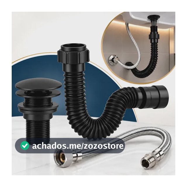 Kit Banheiro Sifão + Valvula Click + Engate 40cm Preto Black Preto