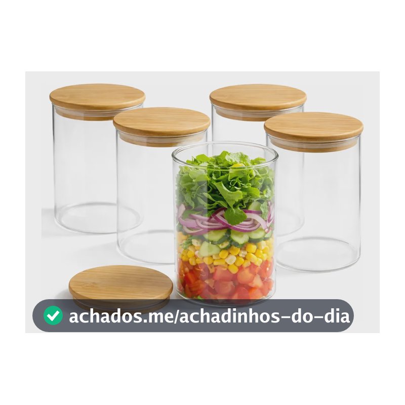 Jogo 5 Pote De Vidro Para Salada Com Tampa De Bambu Molho Transparente
