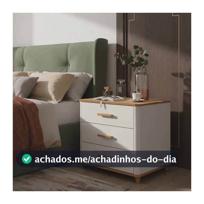 Mesa De Cabeceira Mini Cômoda 3 Gavetas Maitê Off white com brilho e nature com fosco