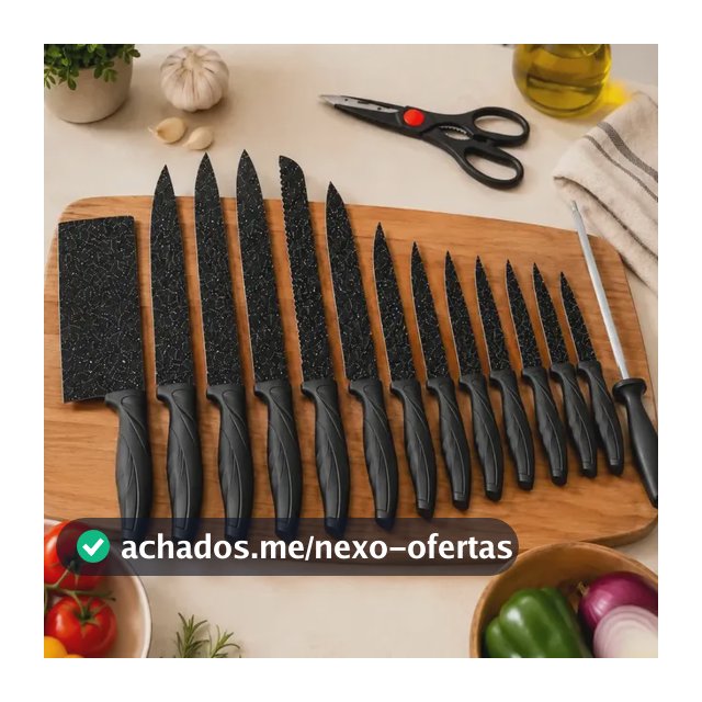 Kit 16 Peças Jogo De Facas Inox Corte Afiado Antiaderente Premium Cabo Soft Conjunto Cutelo Tesoura Chaira Faca de Pão Presente Cor Black