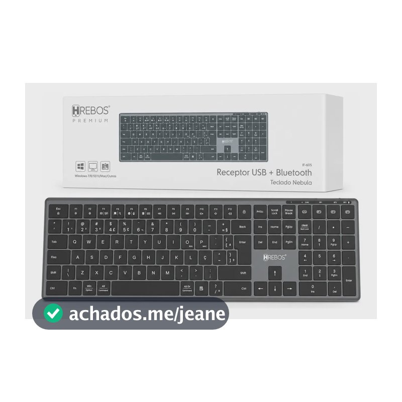 Teclado Sem Fio Bluetooth Recarregável Hrebos Nebula Abnt2 Cinza Português