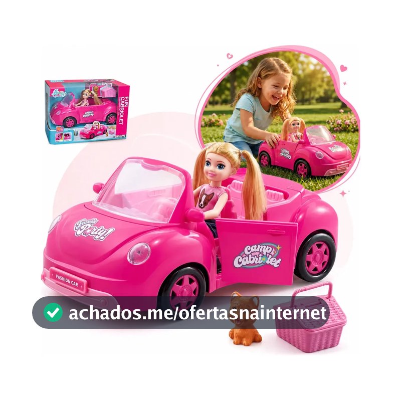 Carro Conversível de Boneca Rosa com Mini Boneca de 13 cm Cesto e Pet Carrinho de Brinquedo com Portas que Abrem e Porta Malas para Meninas Kizumba