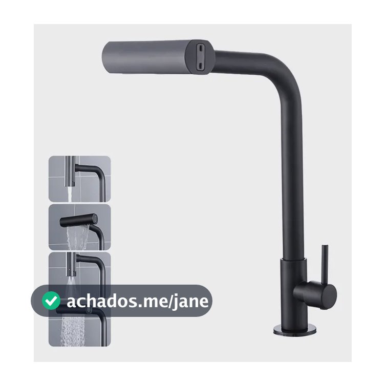 Torneira Cozinha Bancada Inox 304 Água Fria Bica Alta Gourmet 4 Modos De Água Estilo Cascata Torneira Pia Cozinha Moderna Flexível Cor Preto Premium Para Cuba Gourmet