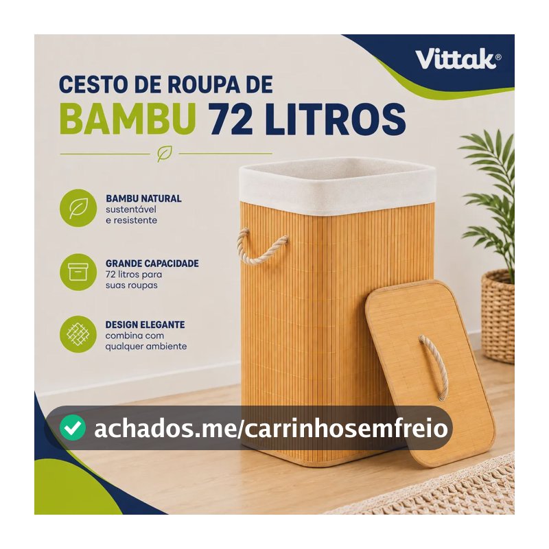 Vittak Cesto De Roupa Bambu 72 Litros Liso Dobrável Retangular Com Tampa E Forro
