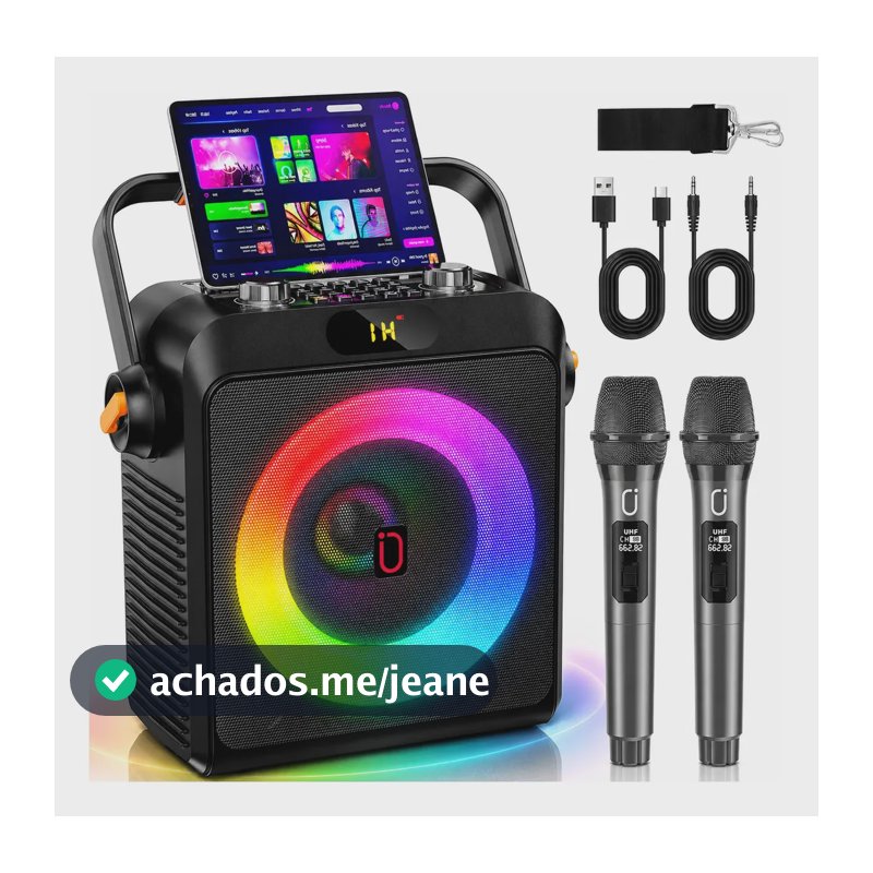 Caixa de Som Karaokê JYX Br19 Portátil com 2 Microfones Sem Fio e Luzes LED