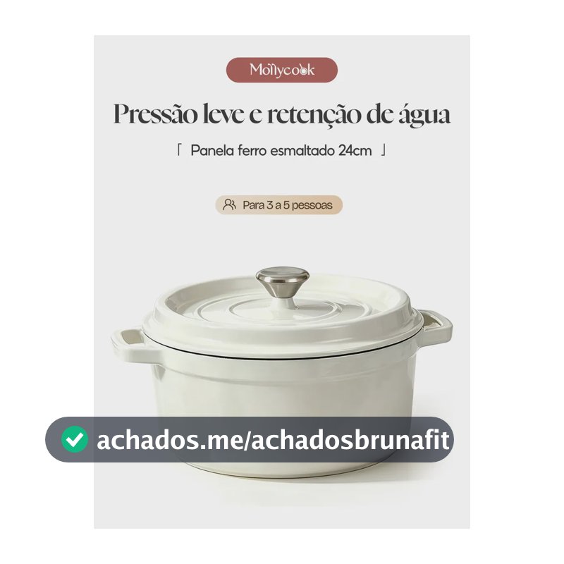 Mollycook Panela Caçarola de Ferro Fundido Esmaltado 24cm 3.8L Fogão Indução e Forno Com Tampa Branca