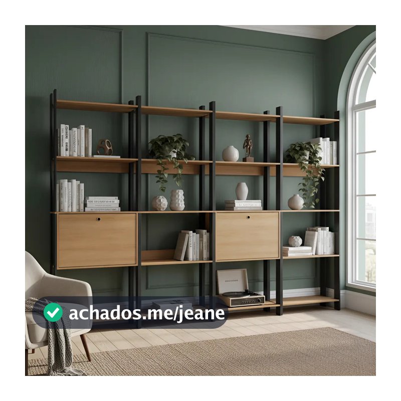 Kit 4 Estantes Para Livros 2 Portas 20 Prateleiras Estilo Industrial Lâmina Mel/preto - Brv Móveis