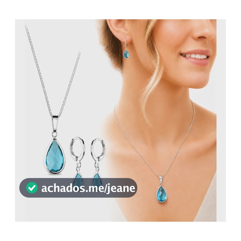 Conjunto Gota Azul A Prata 925 Folheado Colar E Brinco Linda Azul-turquesa