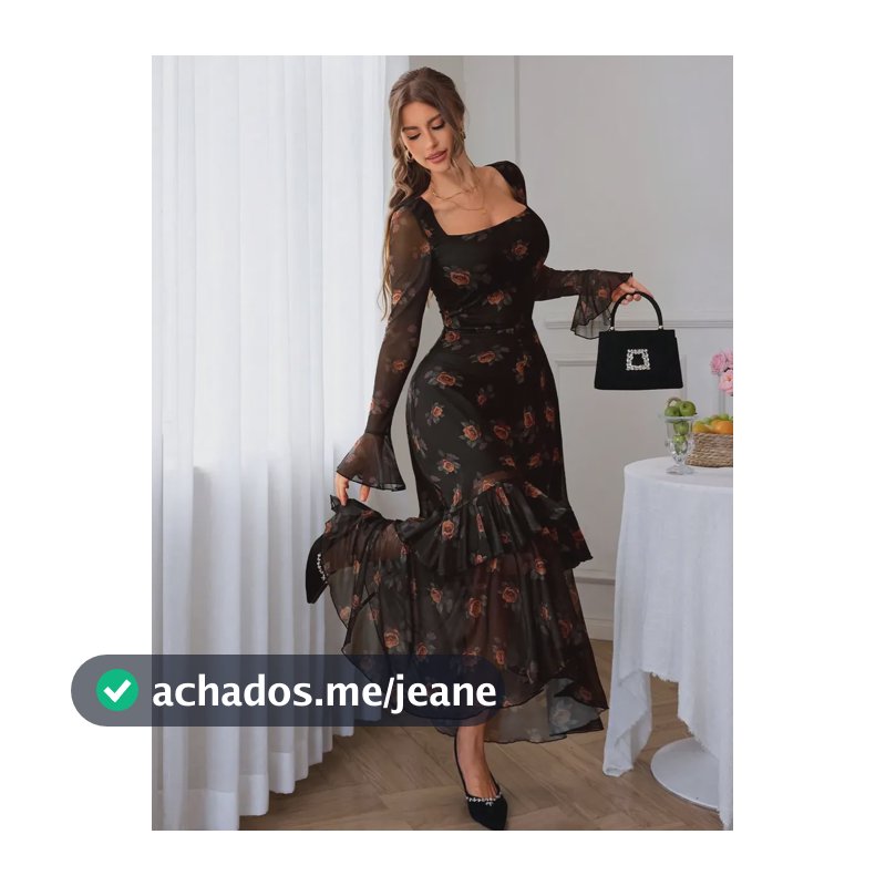 Vestido Floral Longo Decote Quadrado Manga Flare Saia Assi Laranja-escuro Liso M