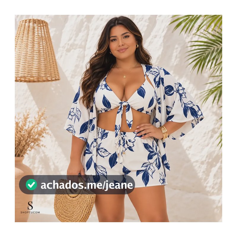Conjunto Verão Feminino Plus Size Kimono Short E Cropped Gg Conjunto Plus Size Estampado Azul Gg (44/46/48)