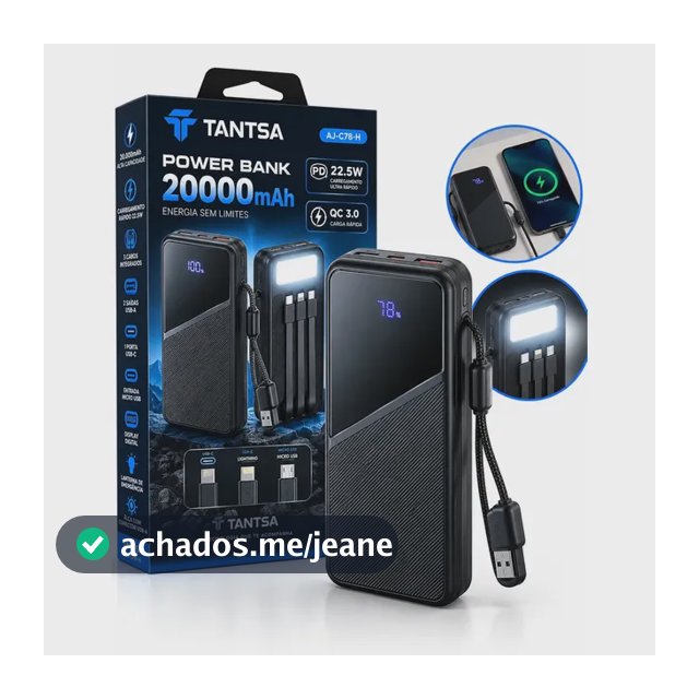 Power Bank 20000mAh Tantsa Carregador Portátil Turbo 22,5W QC 3.0 Carga Rápida Com Cabos Integrados Micro USB USB-C Para iPhone Android Display Digital Lanterna SOS Preto