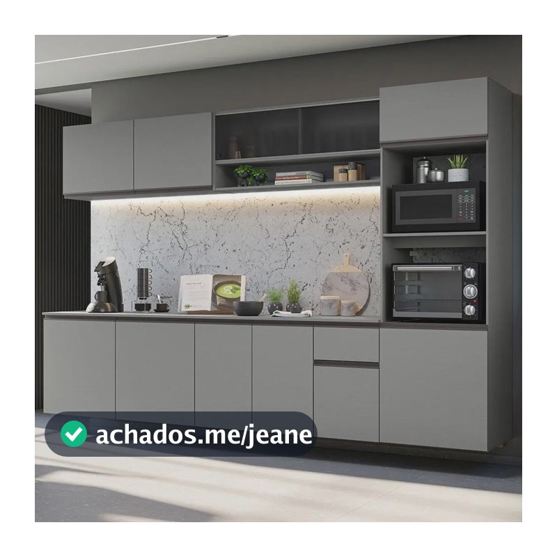 Armário de Cozinha Completa Modulada Suspensa com Balcão para Cooktop 300cm Cinza Nice Madesa 04 GRNC3000043B
